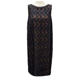PIAZZA SEMPIONE NAVY / BROWN EMBROIDERED KNIT SLEEVELESS SHIFT DRESS